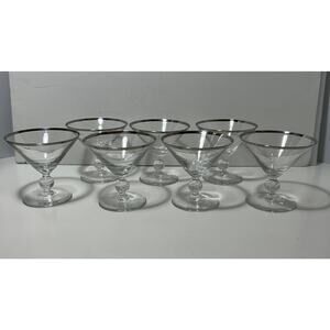 7 Stemmed Glasses Champagne Cocktail Mid Century Modern Platinum Rim 4" tall